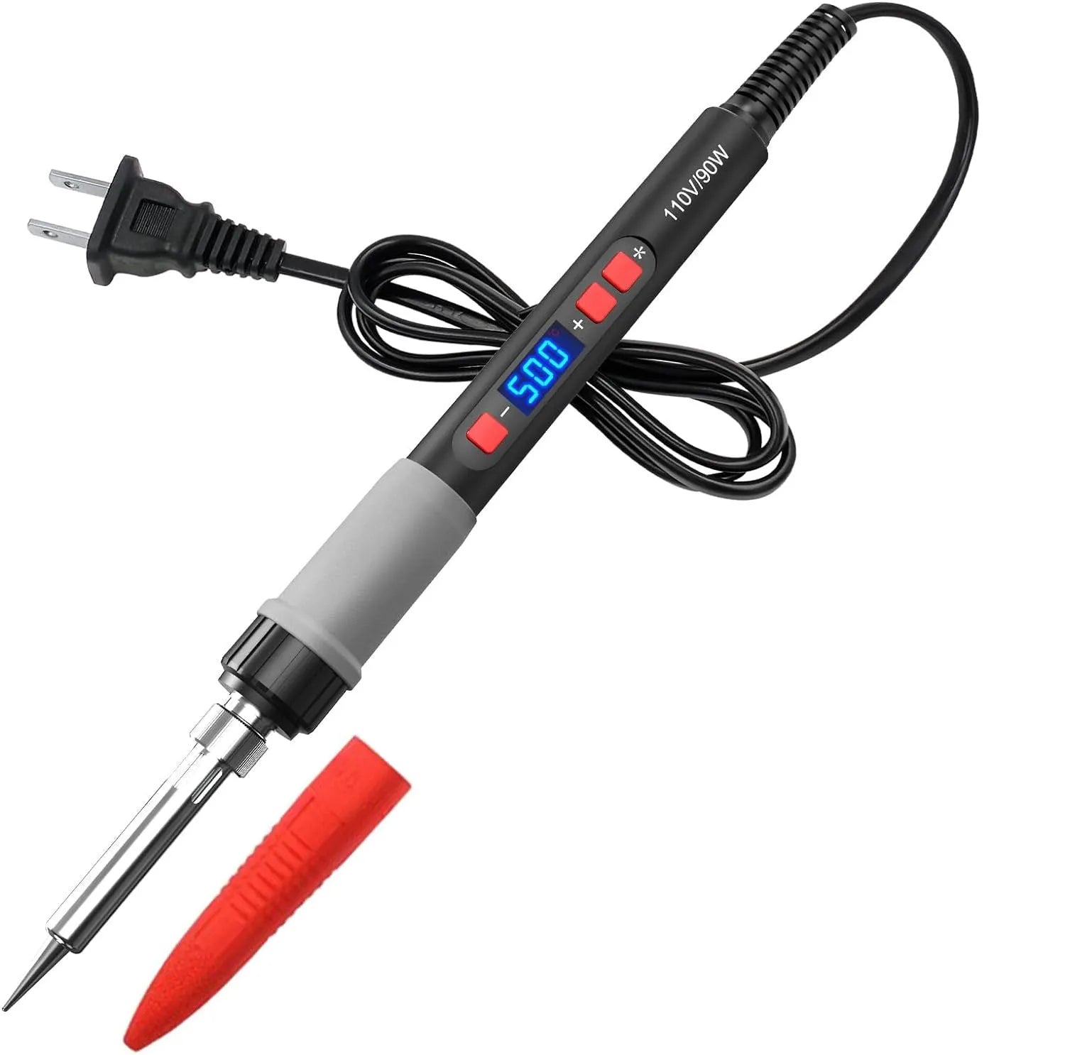 Grey electric soldering iron with ceramic heating core and five soldering tips for household electronics repairs