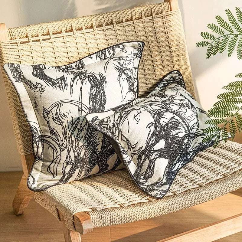 Modern abstract golden horse design on a Jacquard woven square cushion with a feather velvet core.