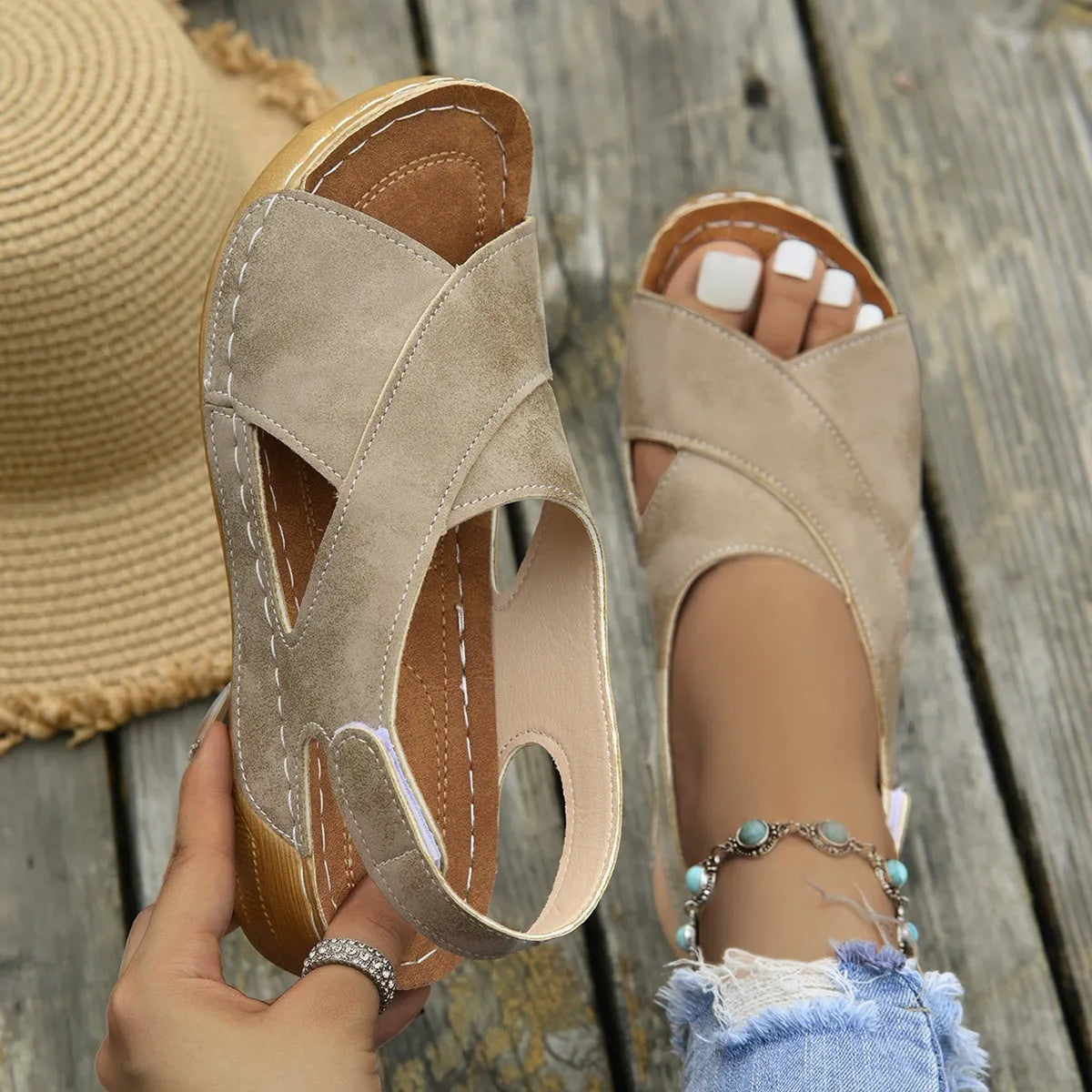 Roman platform sandals with skirt detail, open toe and adjustable Velcro closure in earthy colour
