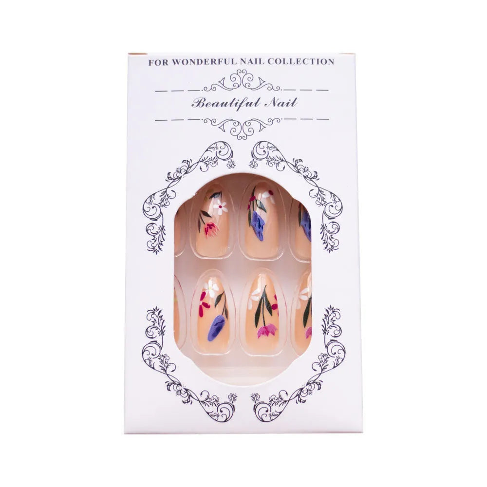 European American style almond-shaped removable nail armour with rose and tulip floral patterns