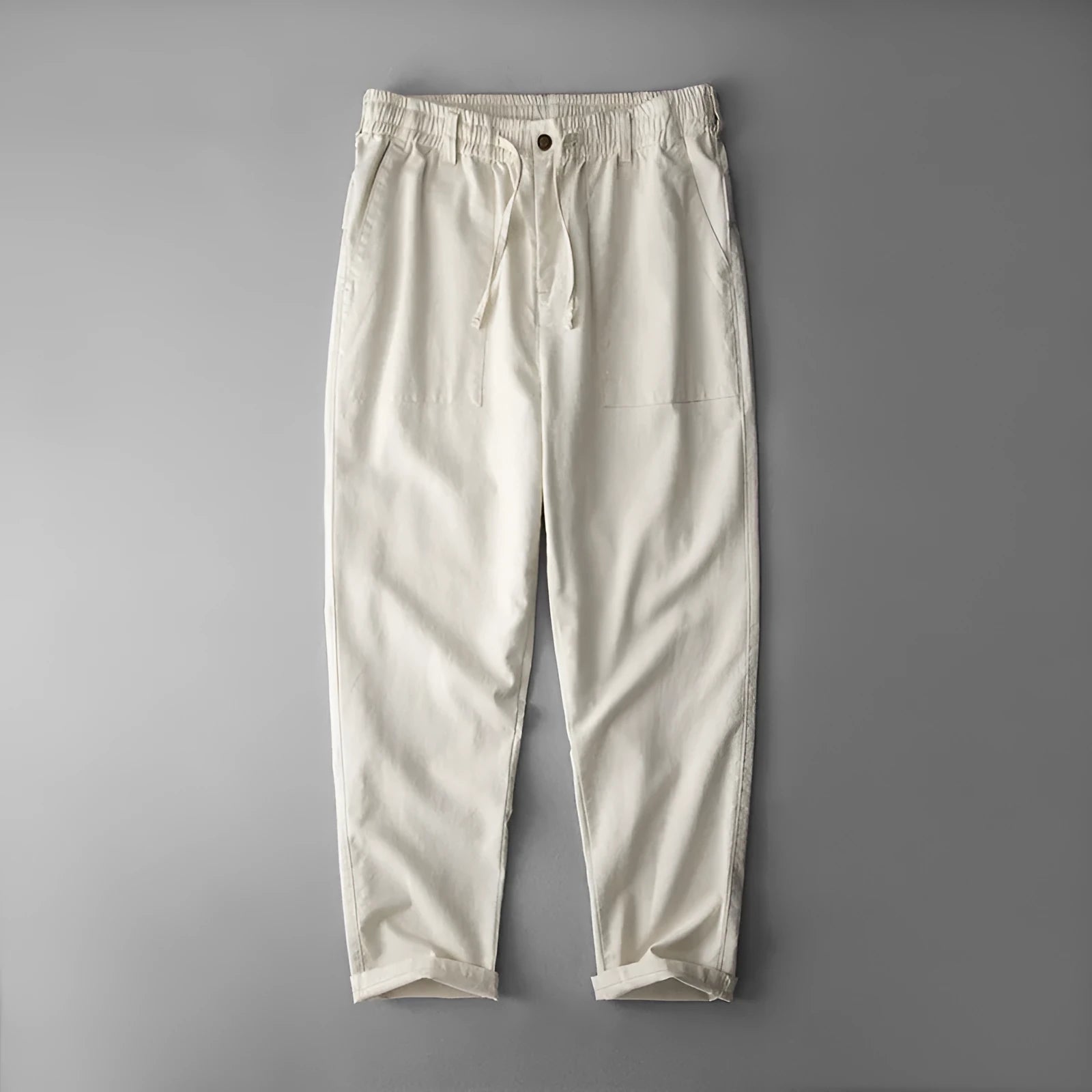 Men's linen trousers in navy blue, apricot linen or grey with mid-waist fit and trouser length
