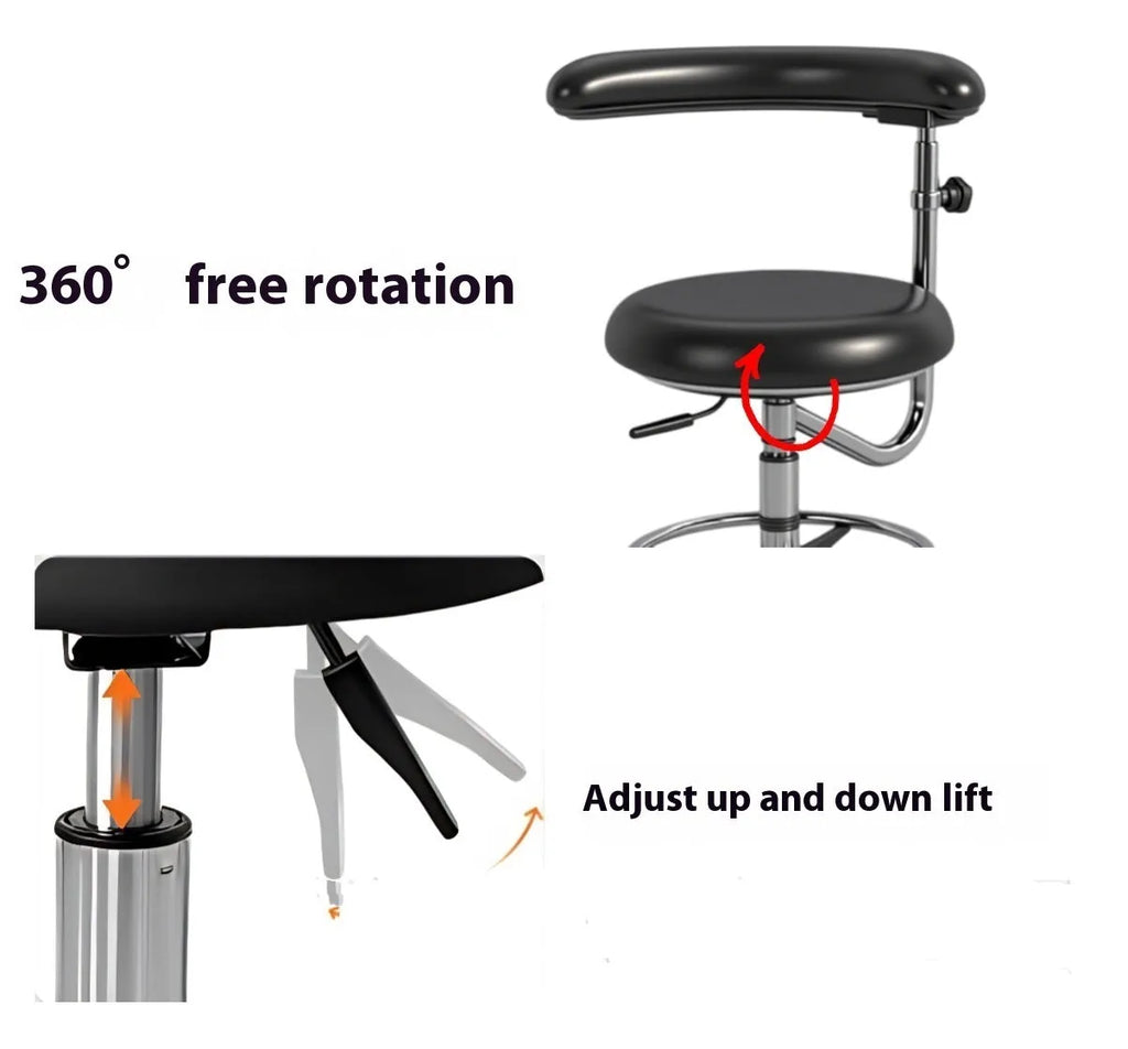 Black leather dental hospital chair with height adjustment lift mechanism
