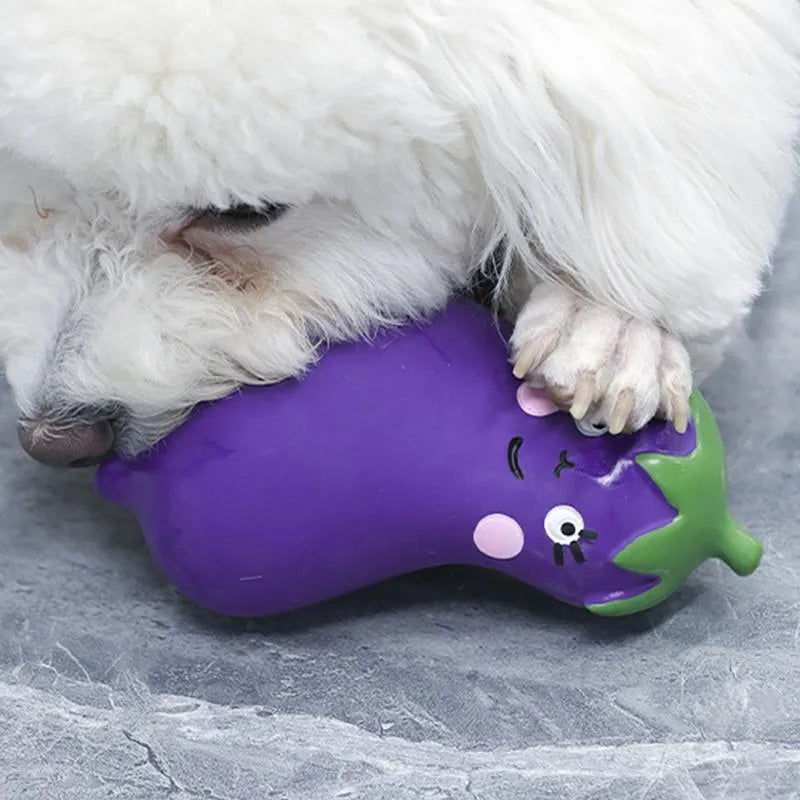 Latex vegetable dog chew toy in green, orange and purple cartoon designs for dental hygiene