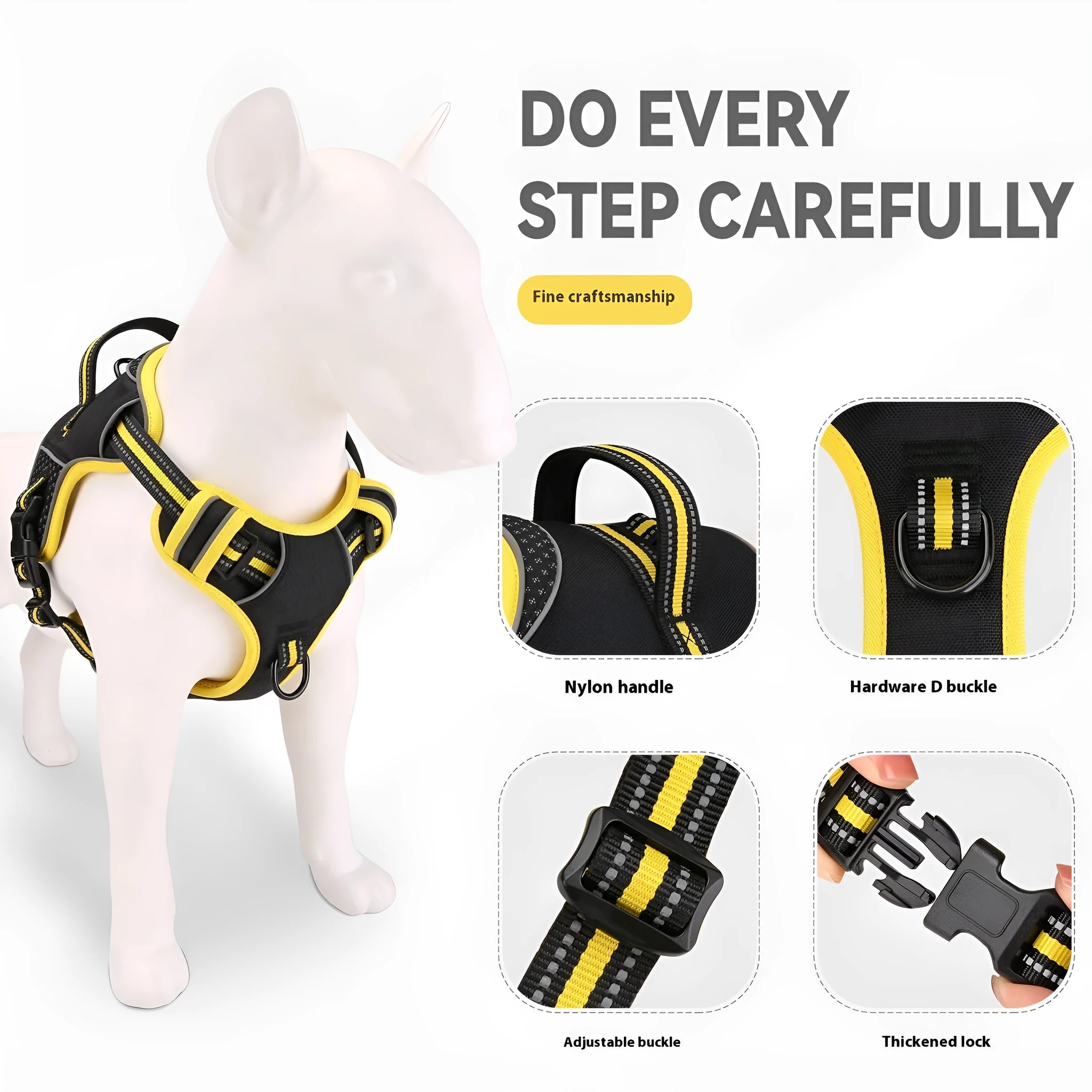 Yellow polyester dog harness with adjustable straps for outdoor training and security