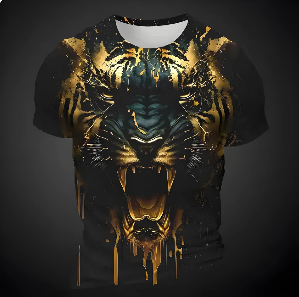 Men's 3D tiger pattern short sleeve t-shirt in polyester bird eye cloth fabric