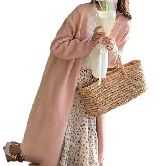 Women's medium length knitted cardigan with V-neck and long sleeves in five colour options