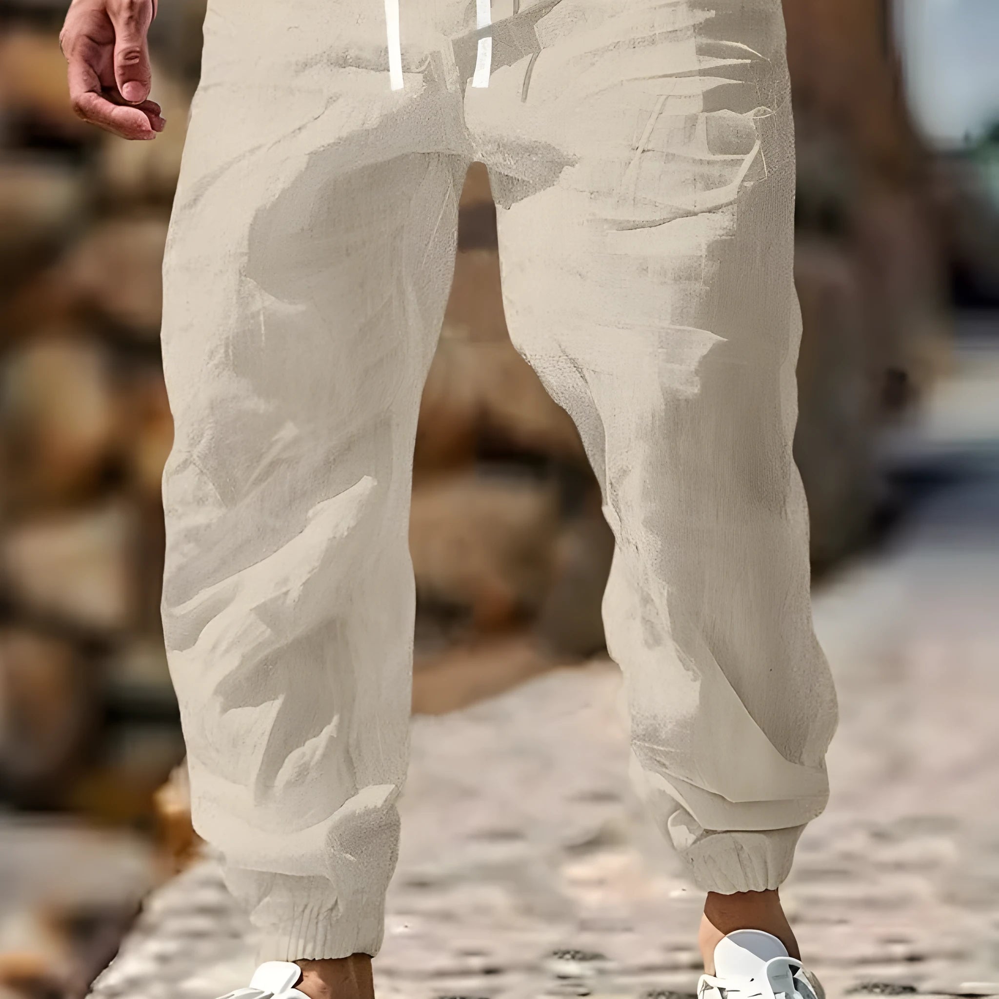 Men's straight-leg linen trousers with elasticated waistband in apricot colour on a hanger.