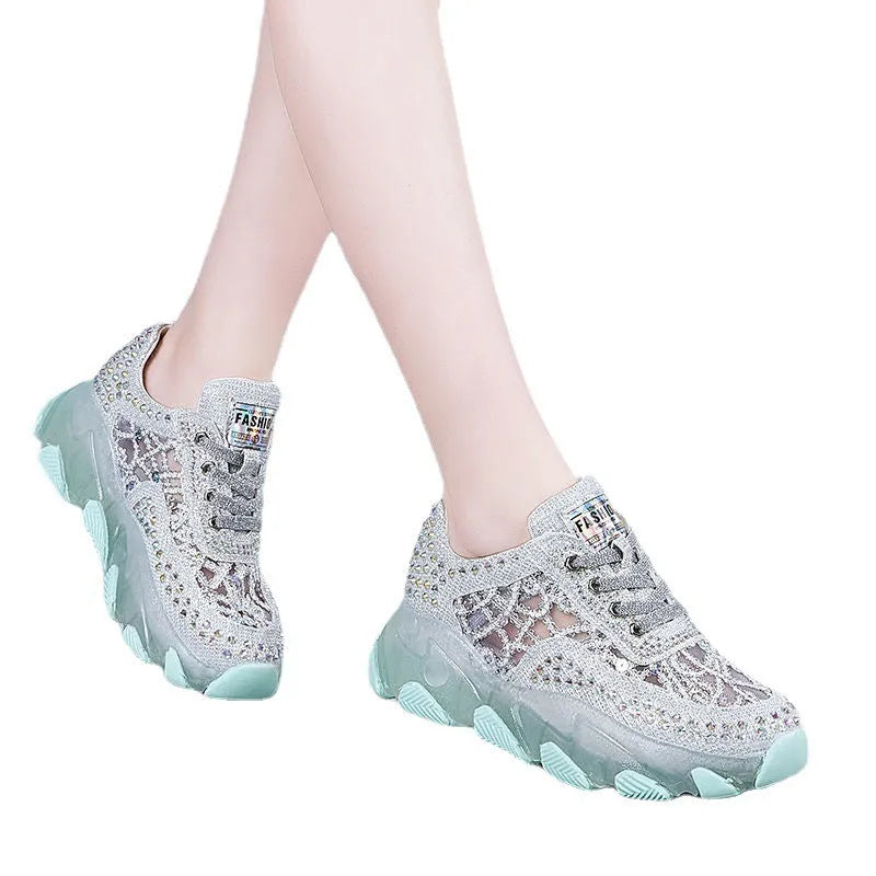 Women's mesh height increasing wedge heel sneakers green white high top breathable casual basketball trainers