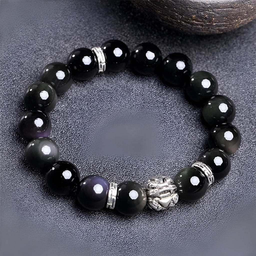 Natural obsidian bracelet with 999 silver cloud charms in male 12mm and female 10mm sizing options