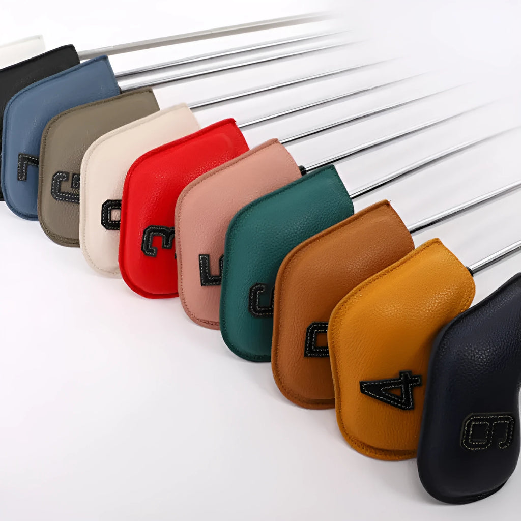 Set of 10 minimally digital printed golf club head covers in multiple colours for sports protection