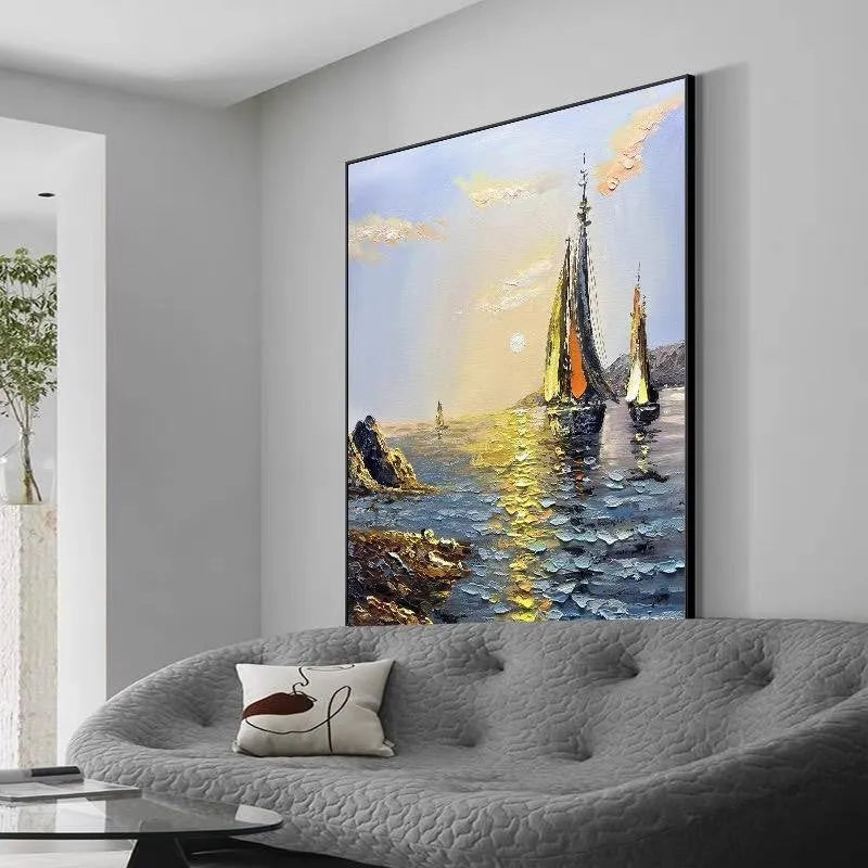 Hand-painted sea boat oil painting on canvas, modern landscape, unframed vertical wall art for living room