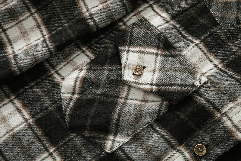 Men's long sleeve flannel plaid shirt jacket in black with corduroy lined cuffs and collar, soft brushed fabric