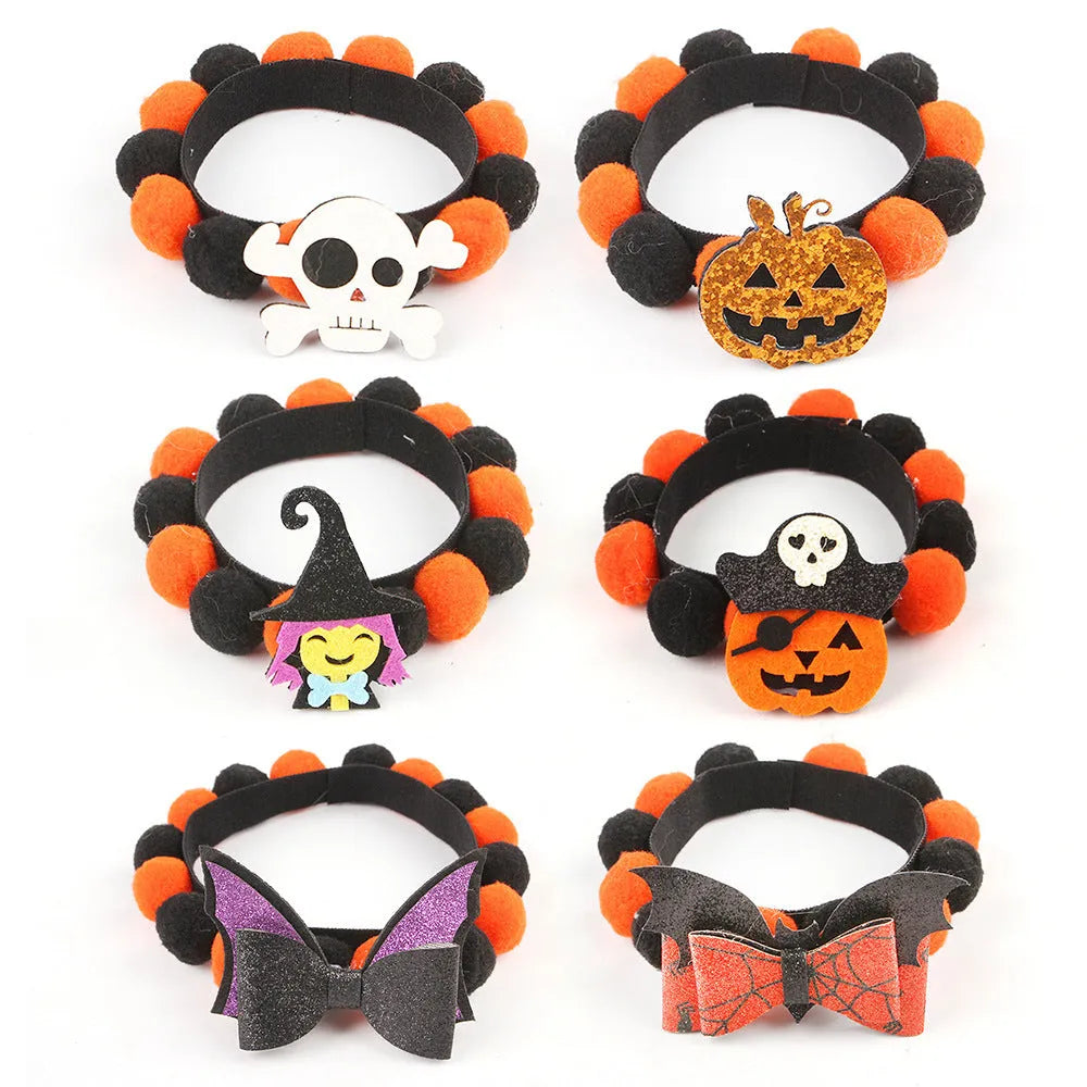 Halloween pet fur ball collar with detachable pumpkin accessory in six designs for dogs and cats