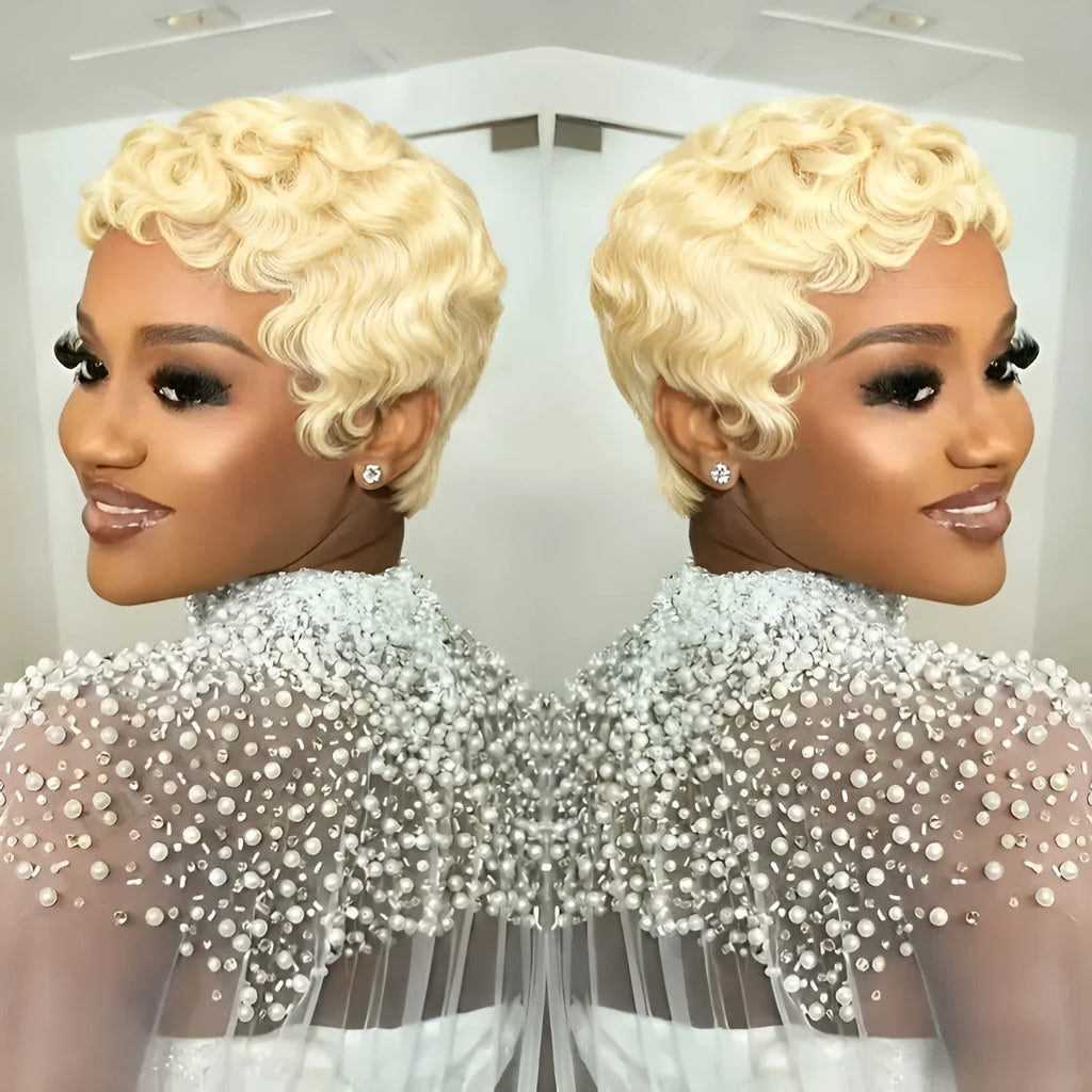 Blonde curly pixie cut human hair wig with wave pattern 6inch 613# gold colour