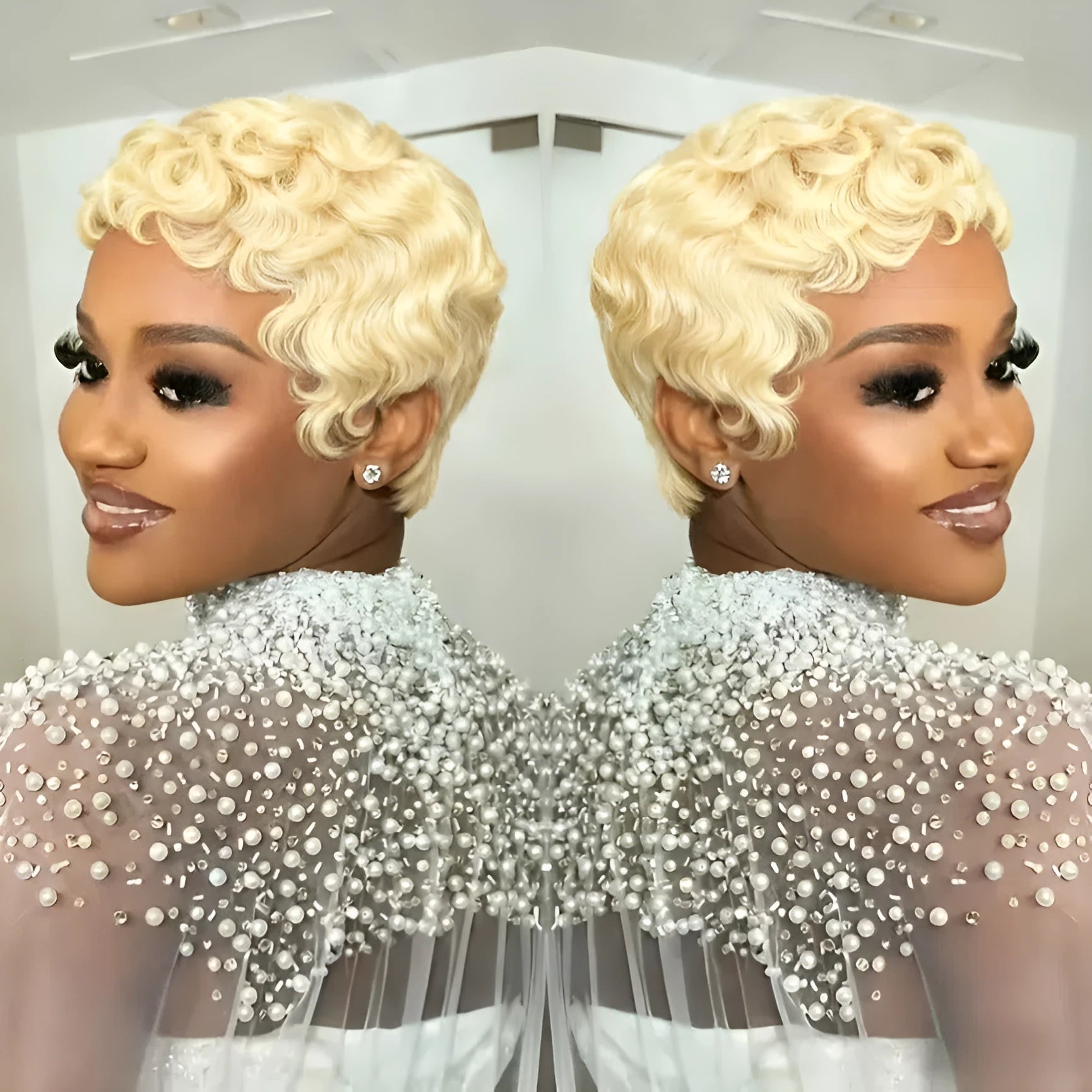 Blonde curly pixie cut human hair wig with wave pattern 6inch 613# gold colour
