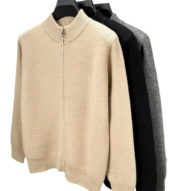 Men's black stand collar zipper cardigan in a loose, thickened knit on a hanger.