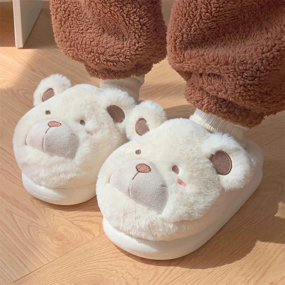 Ladies' plush slippers with suede upper, cartoon pattern, and round-toe design in milky white colour
