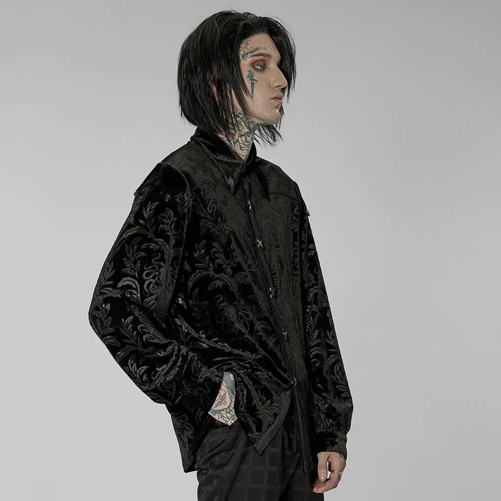 Men's black velvet shirt with Gothic printing, flocking, and fastener decoration on pointed collar long sleeve design