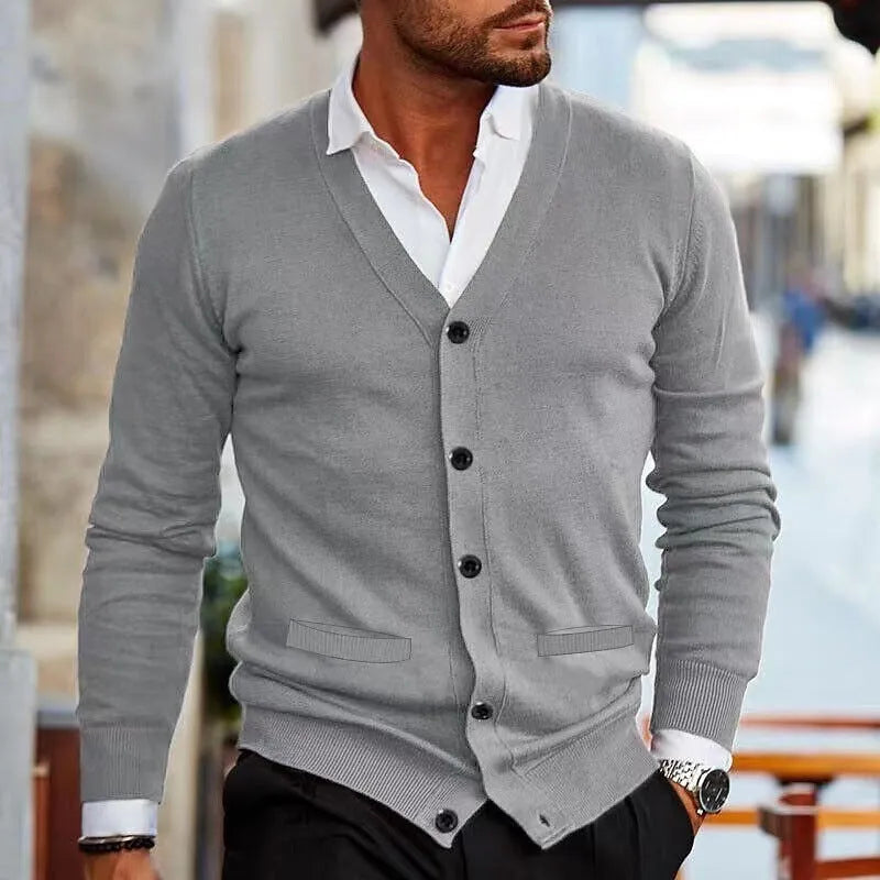 Men's slim fit acrylic cardigan sweater coat in creamy-white colour with long sleeves for autumn wear