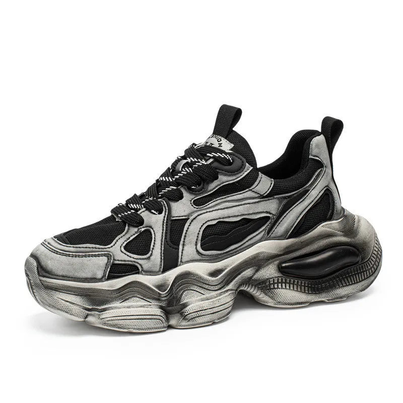 Men's black mesh sports sneakers with platform soles and lace-up front