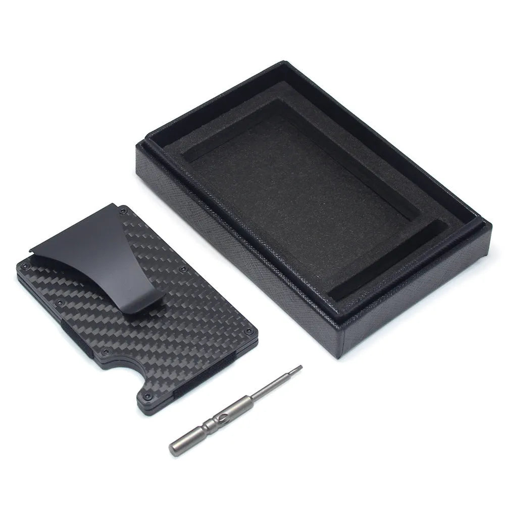 Slim geometry card holder wallet in carbon fibre or aluminium, holds six to fifteen cards, 8mm thick