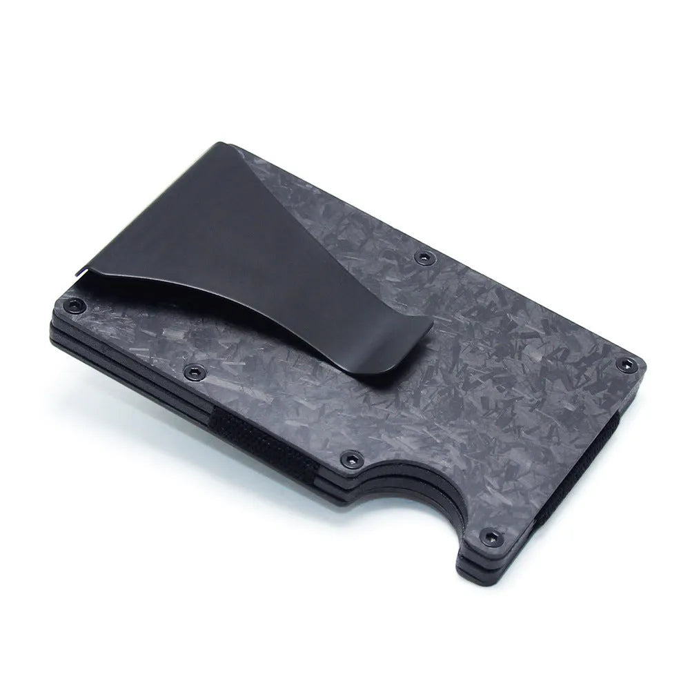 Slim geometry card holder wallet in carbon fibre or aluminium, holds six to fifteen cards, 8mm thick
