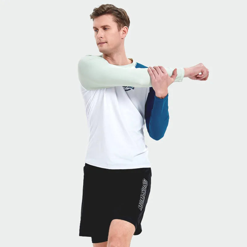 Men's white long-sleeve V-neck swim top with matching blue swim trunks set.