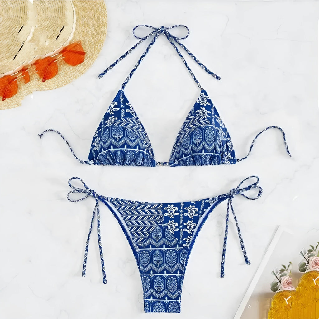 Women's split bikini swimsuit with bandage stitching detail in polyester fabric