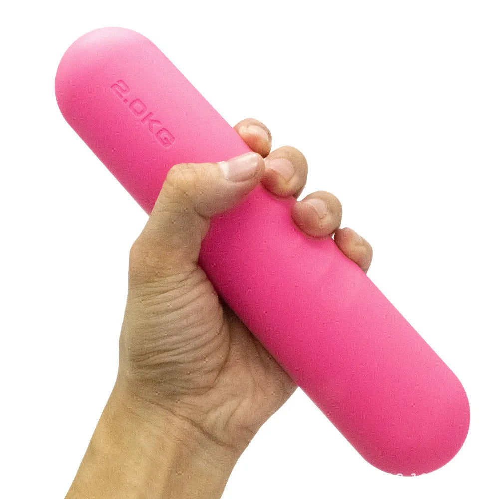 Silicone-edged hand-drawn dumbbell stick in various colours showing weight options for fitness training.