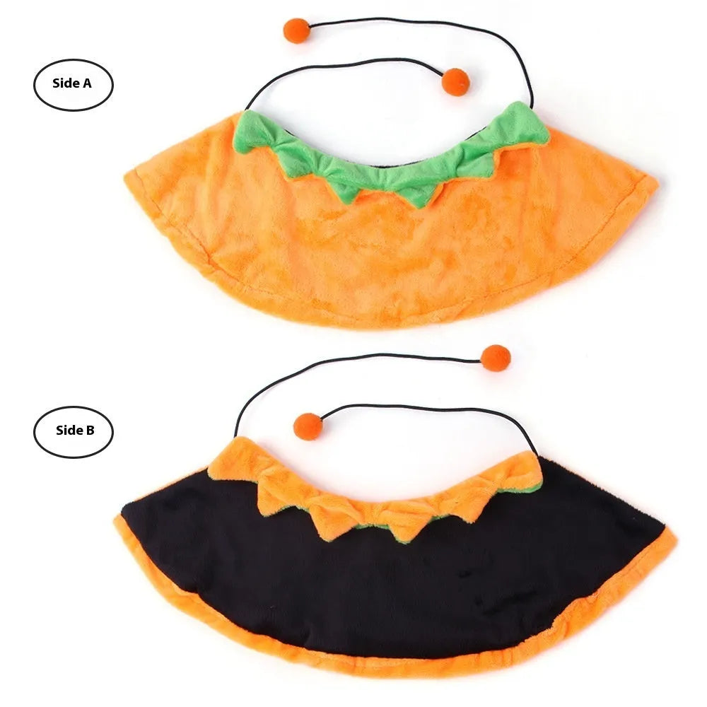 Plush Halloween pumpkin cloak for dogs or cats with optional hat in sizes S, M, L
