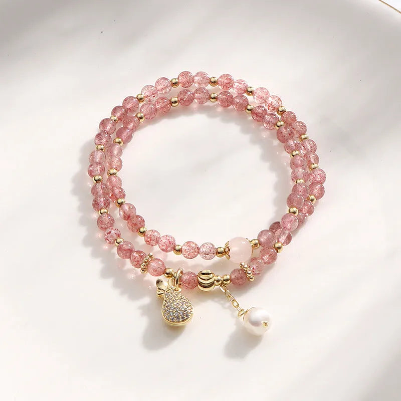 Strawberry quartz crystal bracelet with geometric beads and silver-plated components for women
