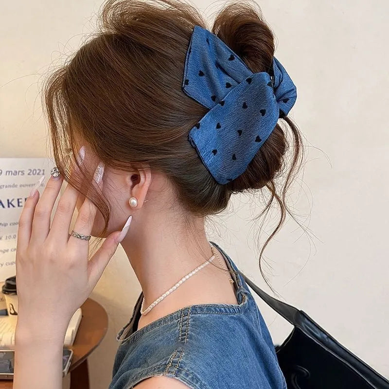 Women's Love Denim Bow Triangle Hair Clip handmade from fabric and acrylic in atmospheric style