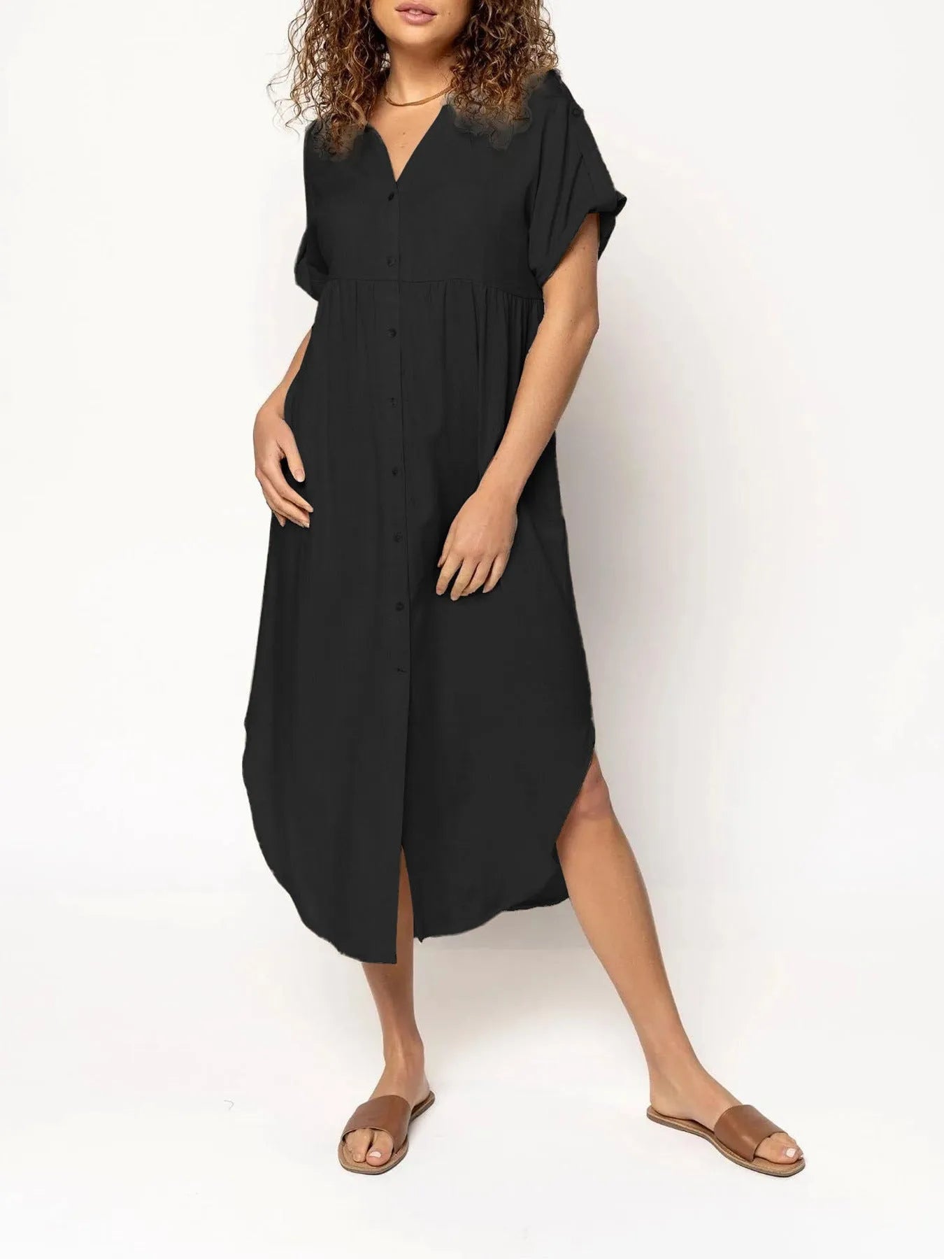 Casual button-front mid-length dress in loose fit available in multiple solid colours