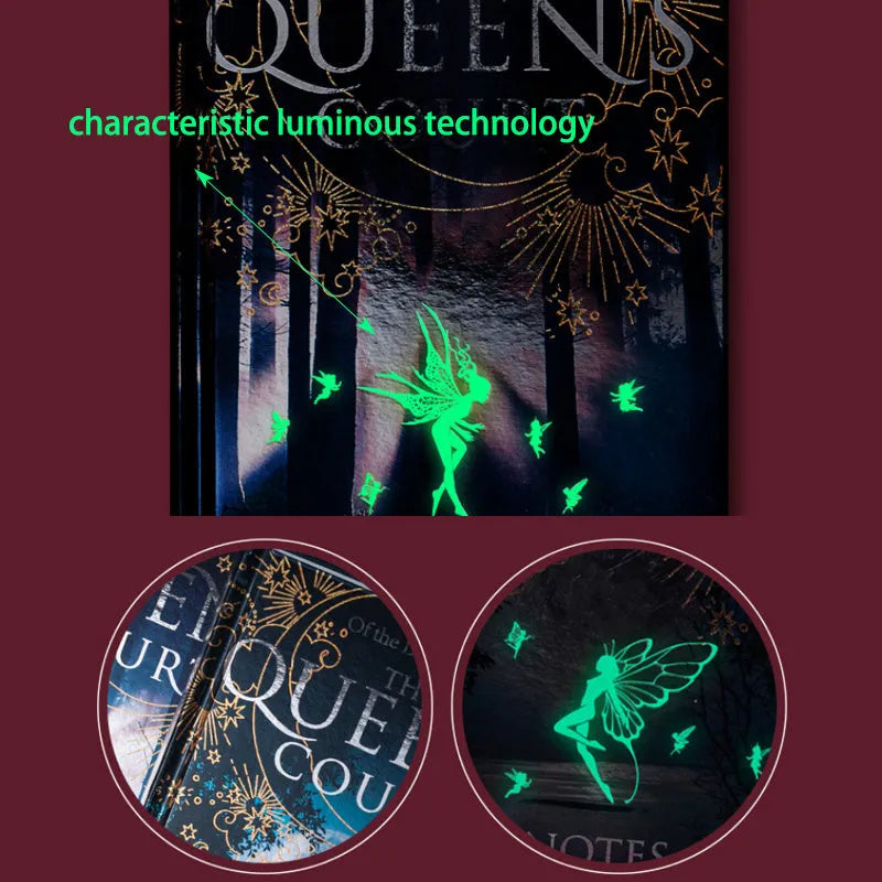 Blue and Purple luminous hardcover A5 notebooks open to show full-colour Night Elves illustrated pages.
