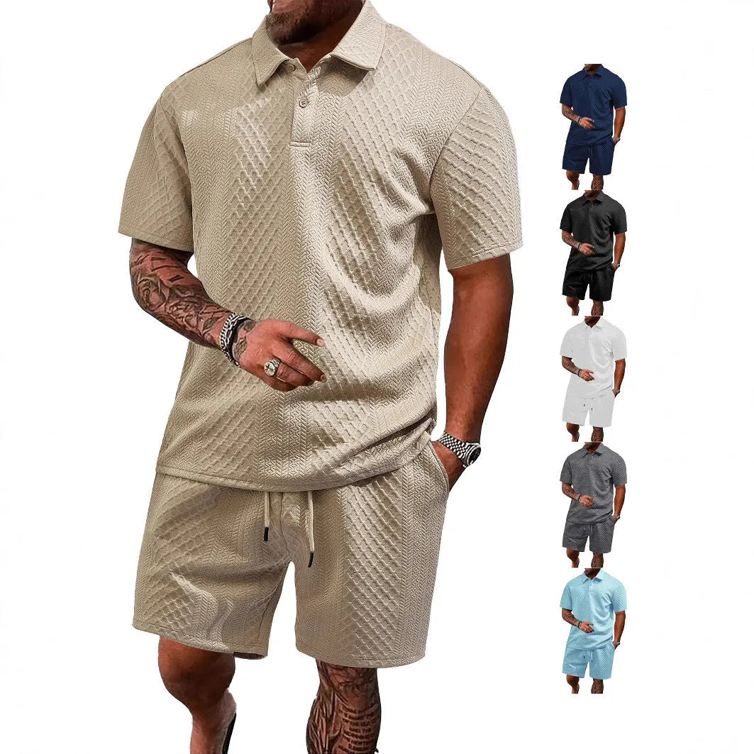 Men's patterned cloth casual short sleeve suit with polo shirt and trousers in various colours.