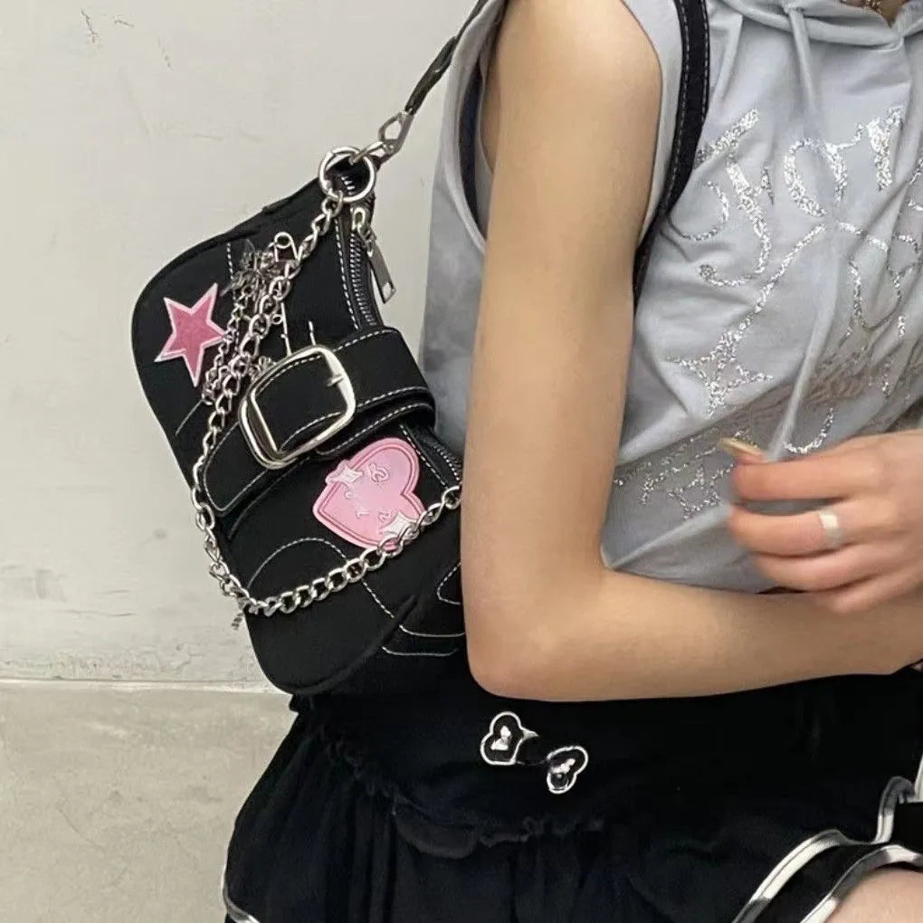 Black PU Y2k heart butterfly shoulder bag with bow stitching chain and zipper buckle in 25cm size