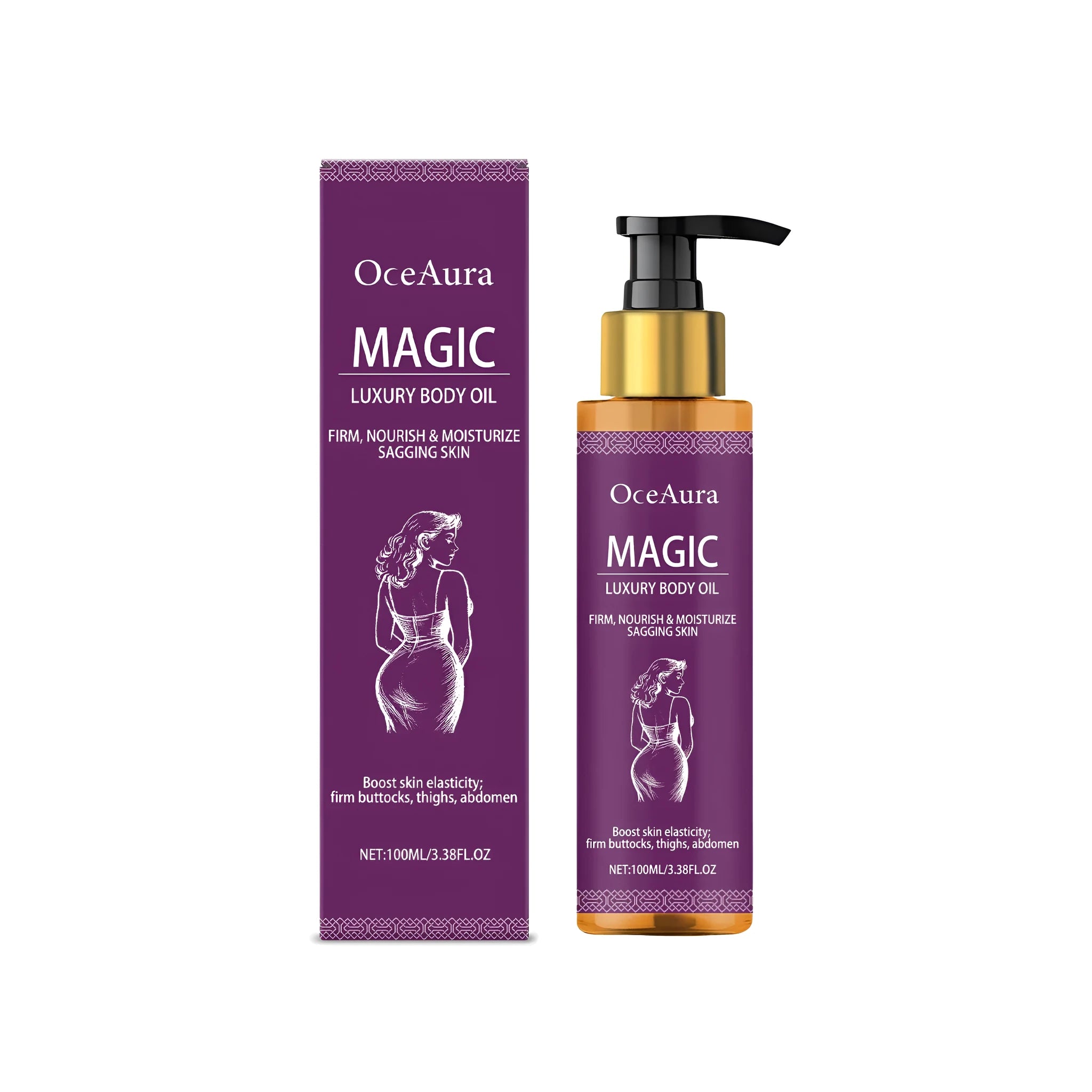 100ml bottle of luxury body oil with botanical ingredients including lavender and rose hip oil.