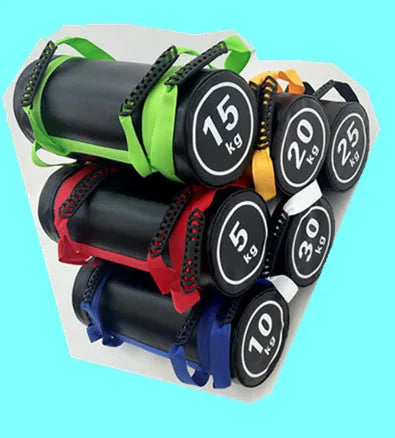 Flat white PVC gym sandbag for weight training, shown with weight options from 5kg to 30kg.