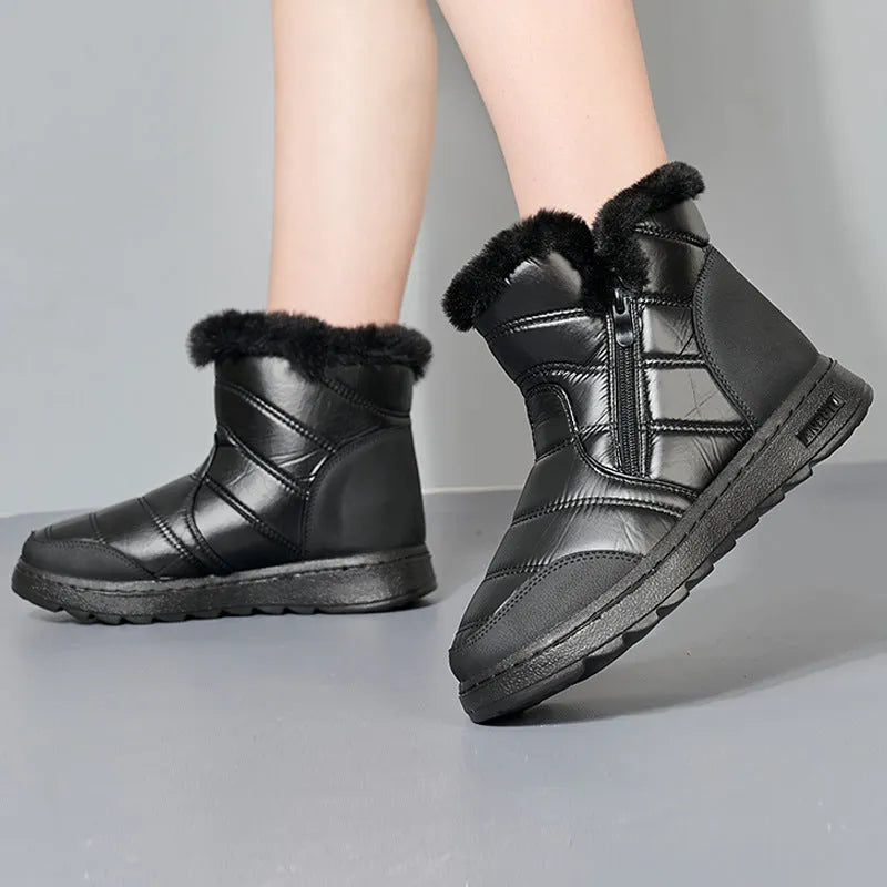 Winter thick plush snow boots with side zipper for women, high top platform, fur upper, round toe, black