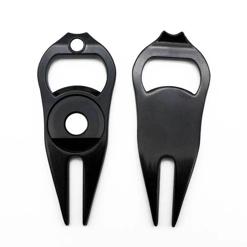 Golf ball yoke bottle opener tool in zinc alloy metal with black green silver colour options