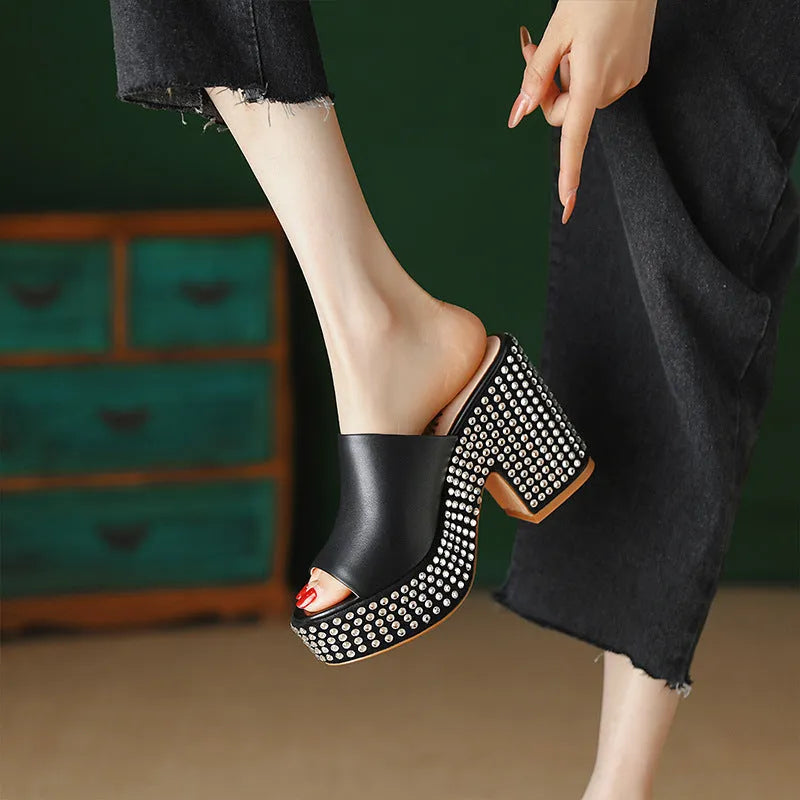 Black women's platform sandals with chunky heel, round toe, and Czech diamond leather upper