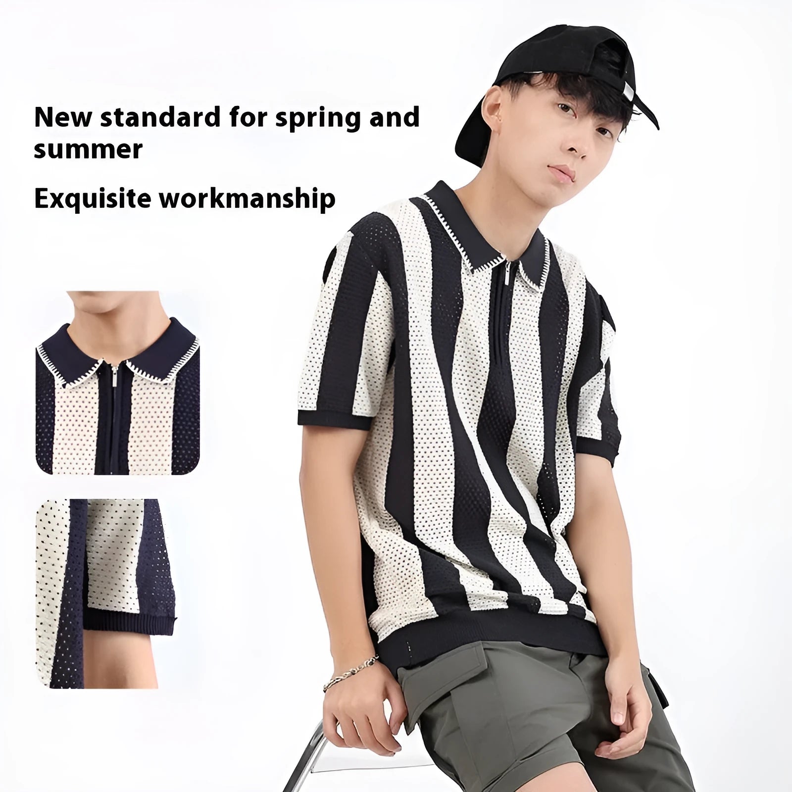 Men's striped short sleeve sweater in ice silk viscose with a decorative chest zipper.