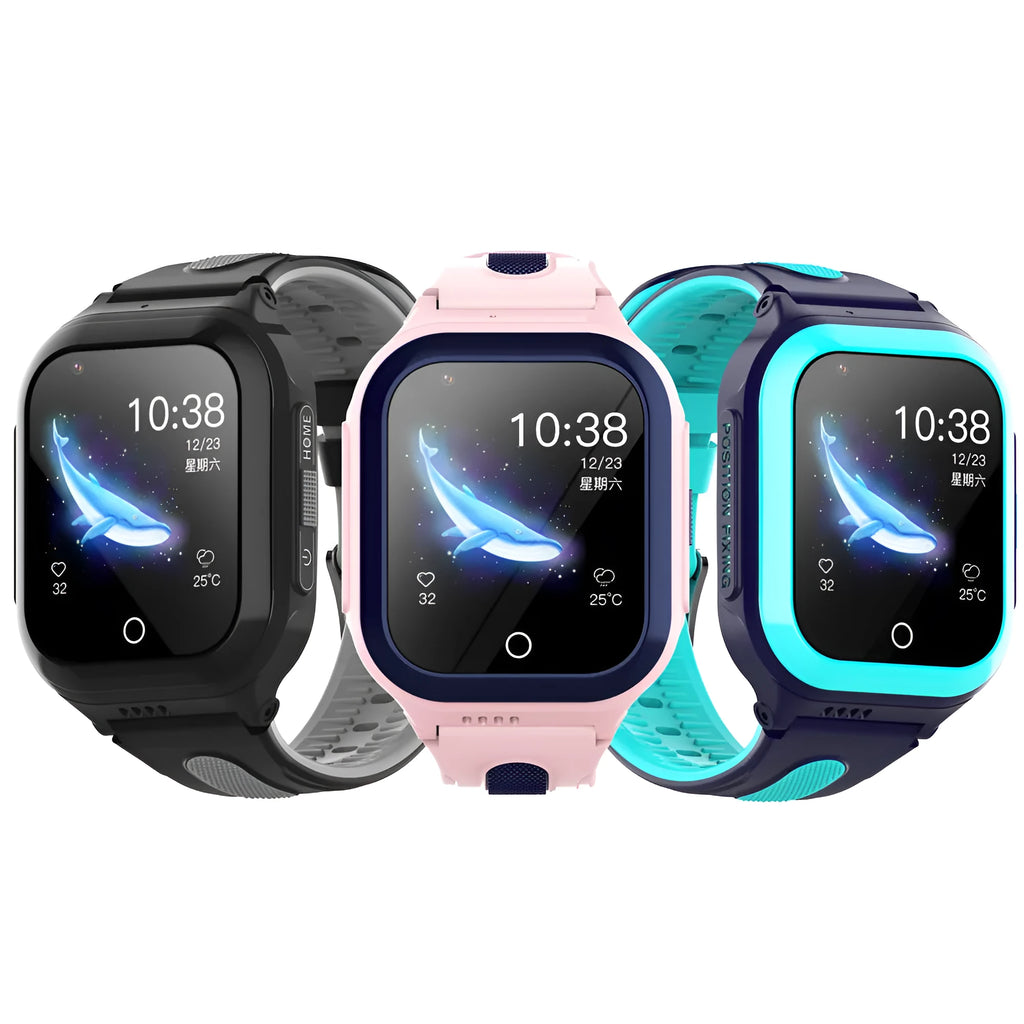 4G children's smart watch with video call, 1.4 inch touch screen, silicone strap, in black, blue, and pink