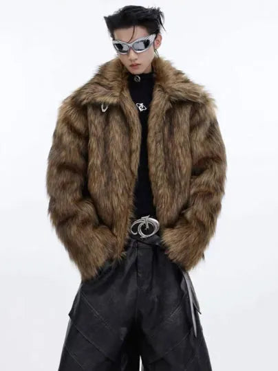 Men's brown short faux fur coat with long length and raccoon fur colour artificial fur collar
