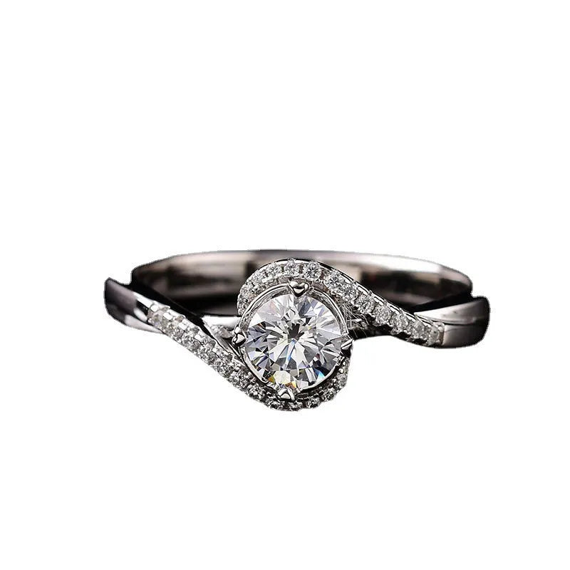 Silver colour geometric women's ring with synthetic moissanite angel eyes pattern and adjustable open mouth design