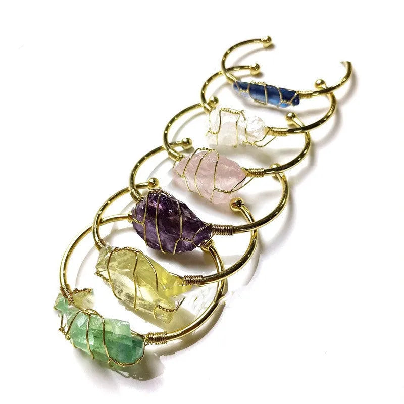 Natural crystal rough stone bracelet with gold geometric winding wire in bohemian style