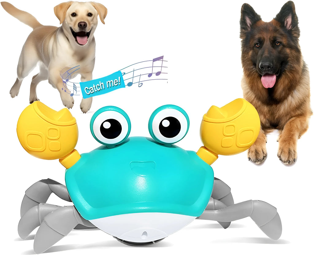 Blue crawling crab dog toy with obstacle avoidance sensors and LED lights for interactive pet play