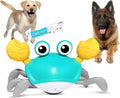 Blue crawling crab dog toy with obstacle avoidance sensors and LED lights for interactive pet play