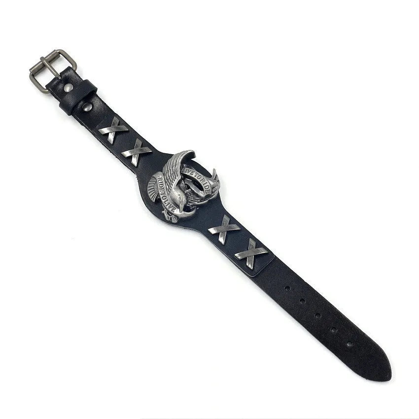 Black leather geometric bracelet with eagle watch button, showing tapered width.