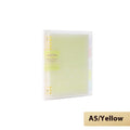 Refillable spiral notebook in pastel blue with loose-leaf paper visible.